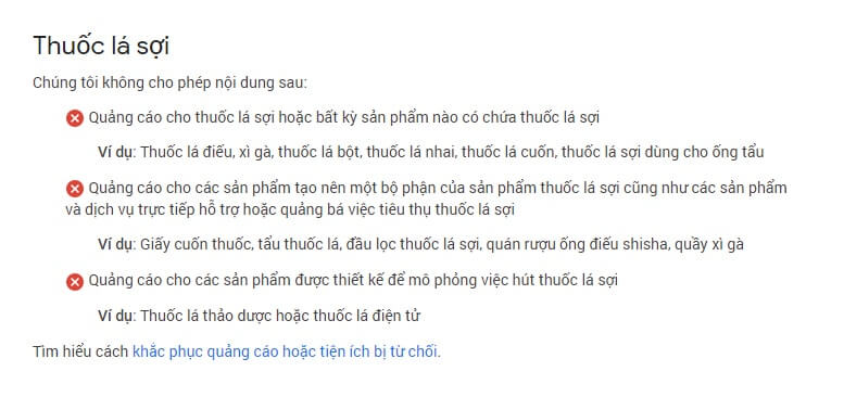 Chính sách cấm quảng cáo thuốc lá của Google Adwords