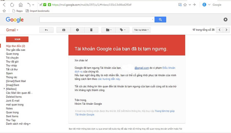 Mail thông báo tài khoản Google. bị tạm ngưng 