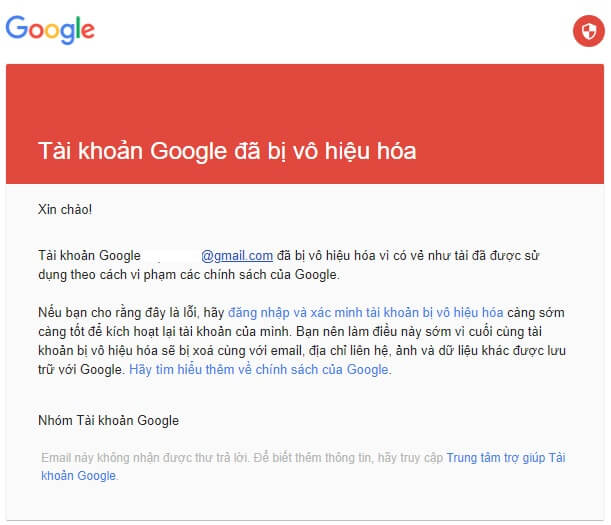 Tài khoản Google. bị vô hiệu hóa vì vi phạm chính sách sản phẩm