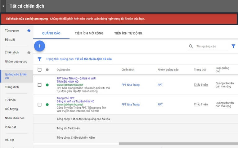 Tài khoản Google. bị tạm ngưng vì vi phạm thanh toán