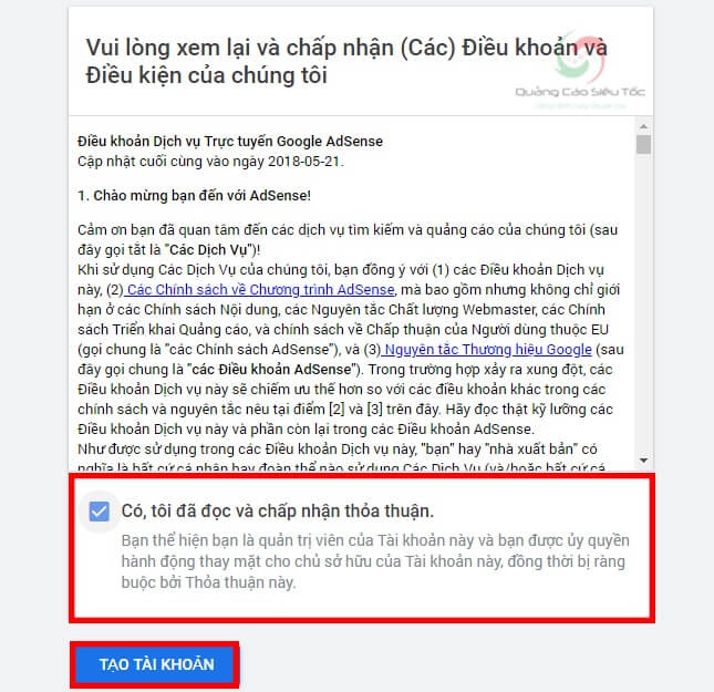 Đọc điều khoản và xác nhận tạo tài khoản Google Adsense