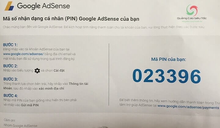 Mã Pin xác nhận được gửi về khi kiếm được 10$ đầu tiên từ Google Adsense