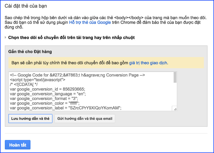 Cài đặt theo dõi chuyển đổi google adwords