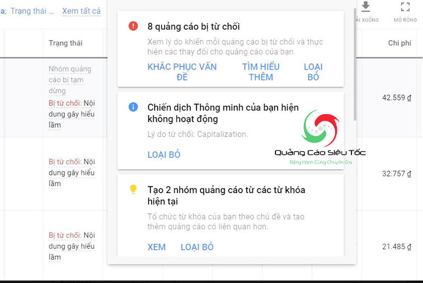 Google Ads được thông báo không chạy