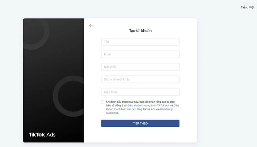 Tạo tài khoản quảng cáo TikTok Profile