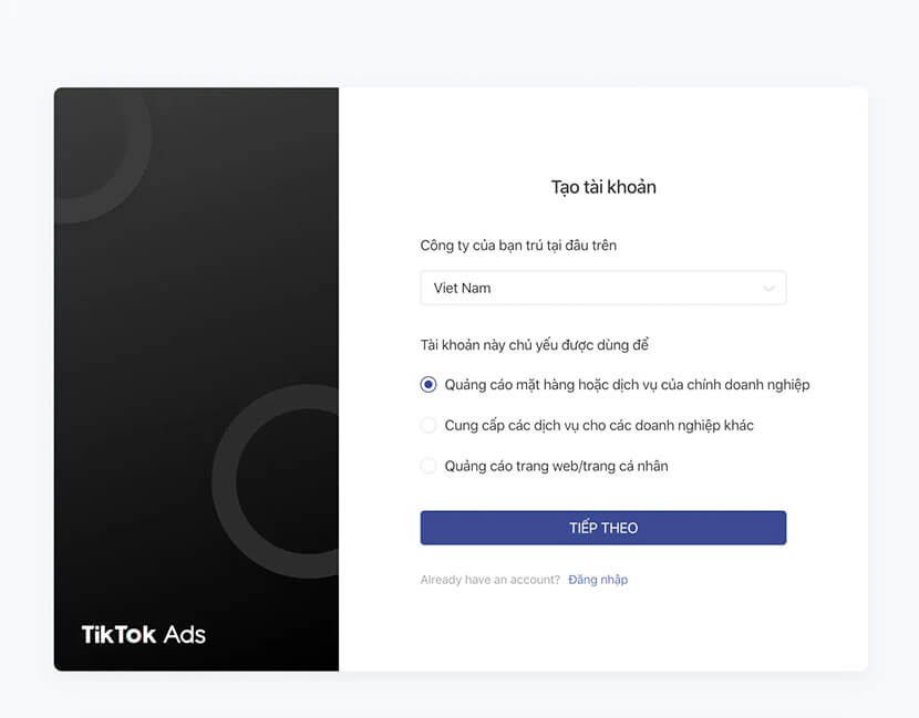 Giao diện tiếng Việt của quảng cáo TikTok Profile