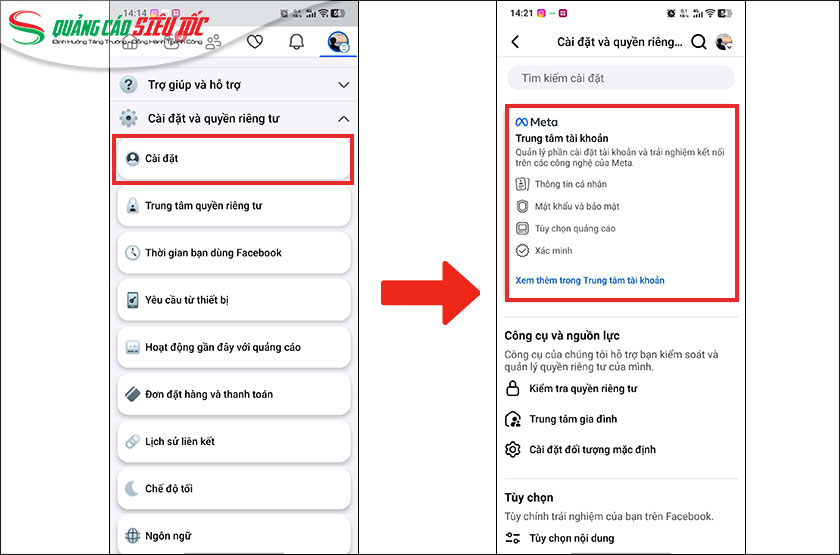 Vào phần Trung tâm tài khoản trên Facebook Vào phần Trung tâm tài khoản trên Facebook