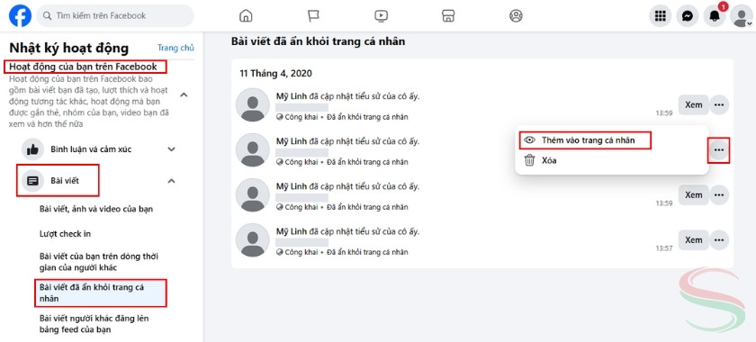 Phục hồi bài đăng Facebook với giao diện PC