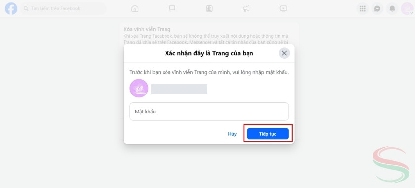 Xác nhận xóa page Facebook