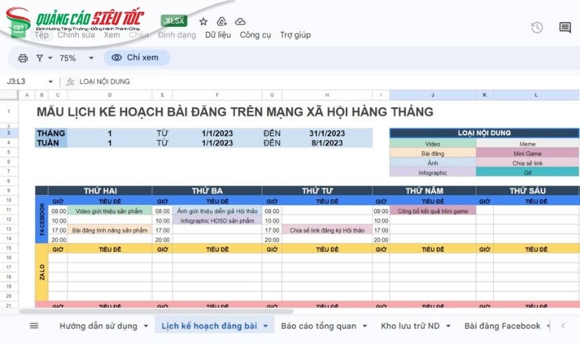 Mẫu minh họa lịch đăng bài fanpage Facebook