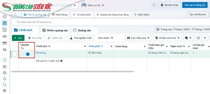 Thao tác bật/tắt chiến dịch quảng cáo Facebook