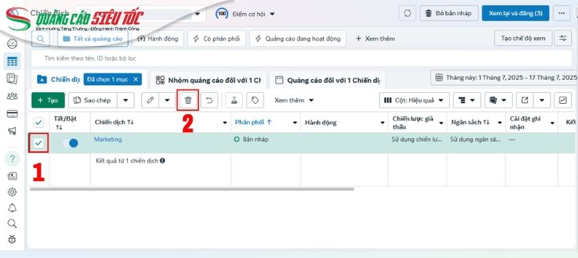 Thực hiện xóa chiến dịch Facebook Ads
