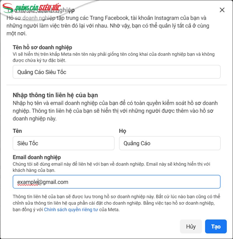 Nhập thông tin doanh nghiệp