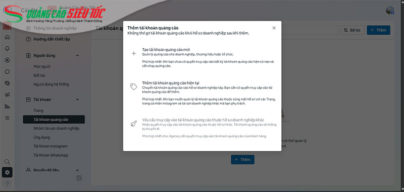 Thêm tài khoản quảng cáo
