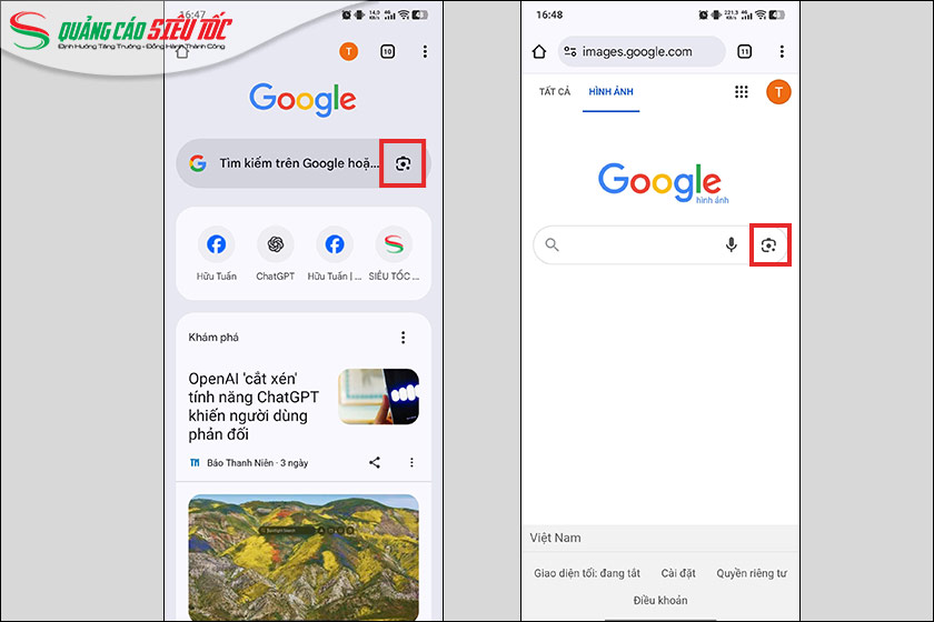 Truy cập biểu tượng máy ảnh trên Google