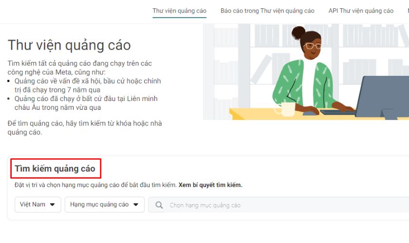 Chức năng tìm kiếm trong thư viện quảng cáo Facebook 