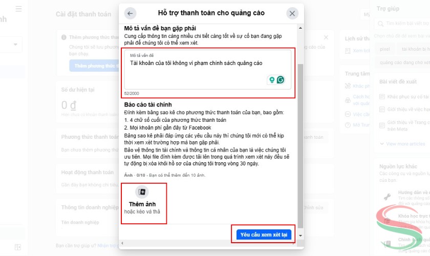 Mô tả vấn đề gặp phải và gửi yêu cầu