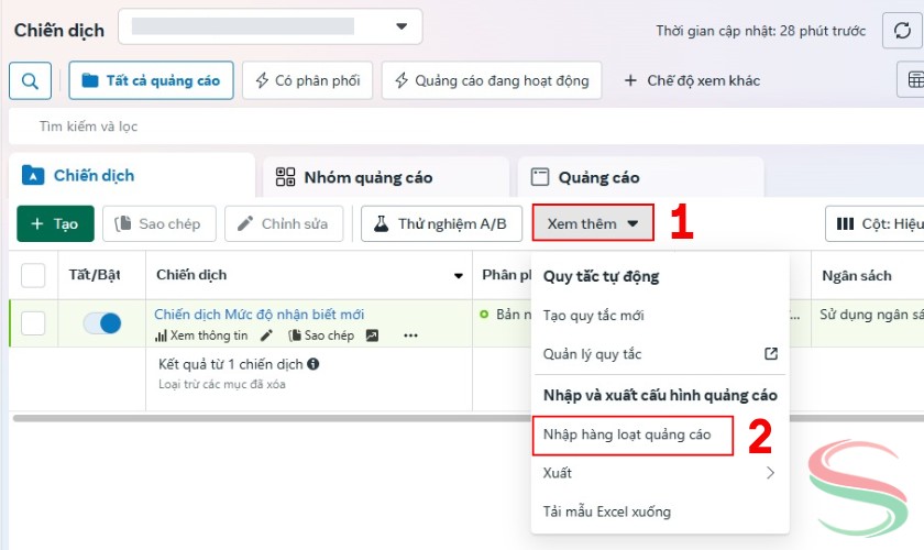 Nhập dữ liệu quảng cáo cho tài khoản quảng cáo mới