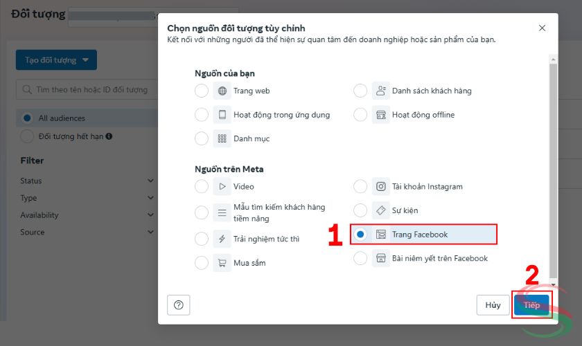 Chọn nguồn đối tượng là Trang Facebook