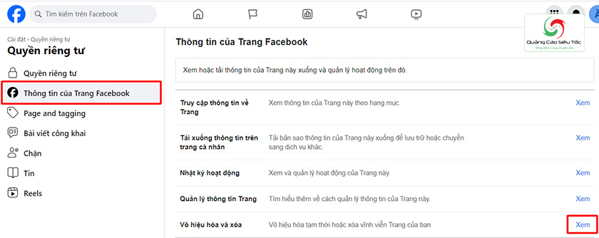 Chọn thông tin của trang Facebook