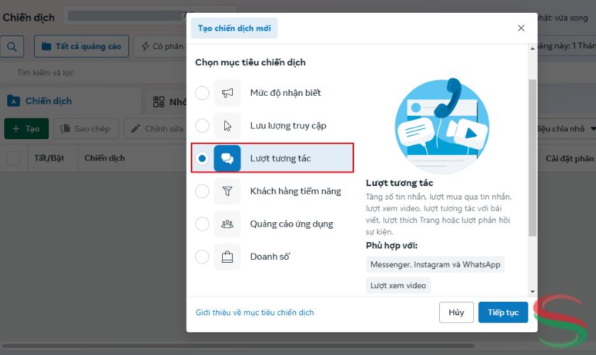 Chọn mục tiêu lượt tương tác cho quảng cáo bài viết