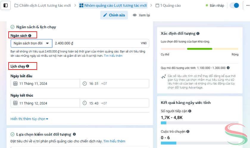 Chọn ngân sách và lên lịch chạy