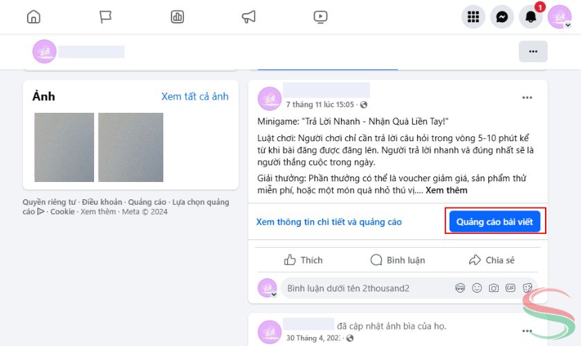 Nút quảng cáo bài viết trên Fanpage Facebook