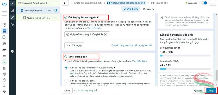 Điều chỉnh Đối tượng Advantage và Vị trí quảng cáo