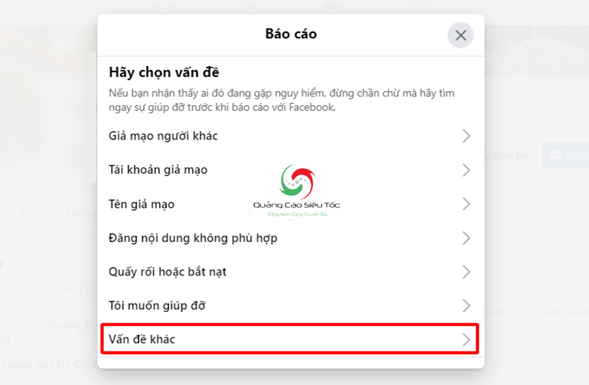 Chọn lý do muốn report Facebook người khác 