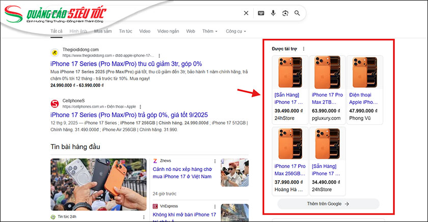 Quảng cáo sản phẩm khi bạn tìm Iphone 17 trên Google Quảng cáo sản phẩm khi bạn tìm Iphone 17 trên Google
