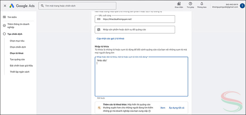 Nhập từ khoá cho chiến dịch