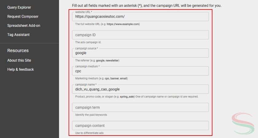 Nhập nội dung tạo UTM Google Ads