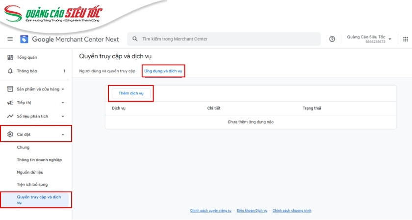 Truy cập trang liên kết tài khoản Google Ads và Merchant