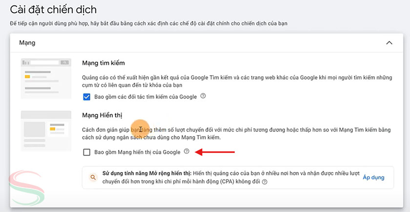 Chỉ chọn hiển thị trên Mạng tìm kiếm