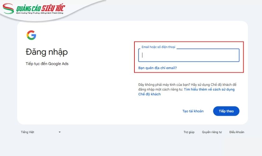 Đăng nhập tài khoản Gmail sử dụng tạo tài khoản MCC
