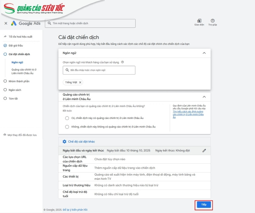 Đặt thông số chiến dịch