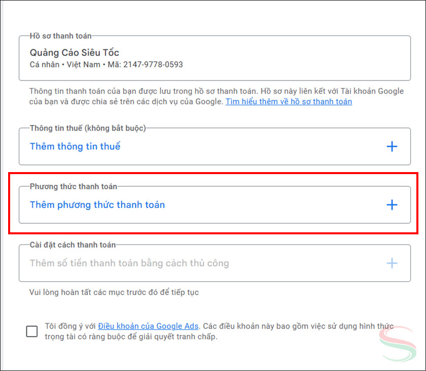 Chọn Thêm phương thức thanh toán Chọn Thêm phương thức thanh toán