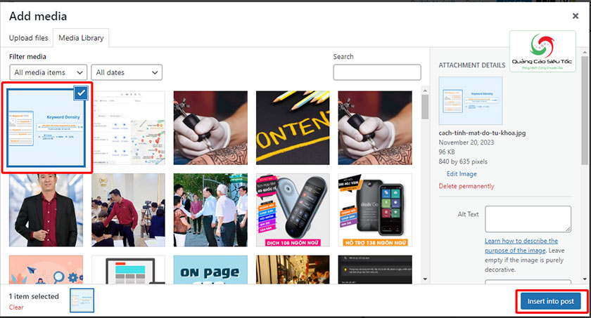 Chọn hình ảnh muốn đăng chọn insert into post