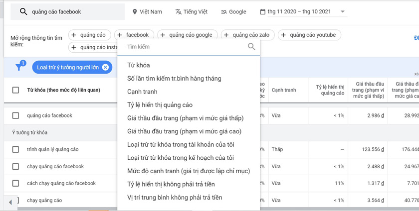 Phân tích từ khóa bằng Google Keyword planner