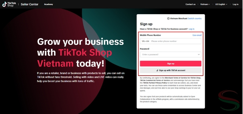 Bắt đầu tạo gian hàng miễn phí trên TikTok Seller Center