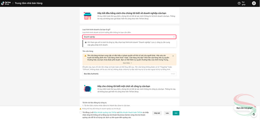 Đăng ký mở TikTok Shop cho doanh nghiệp