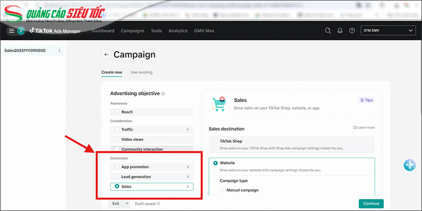 Chọn hình thức chuyển đổi ở mục Conversion