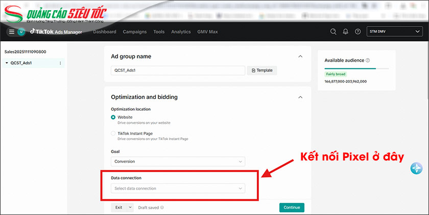 Đặt tên nhóm quảng cáo sau đó kết nối Pixel