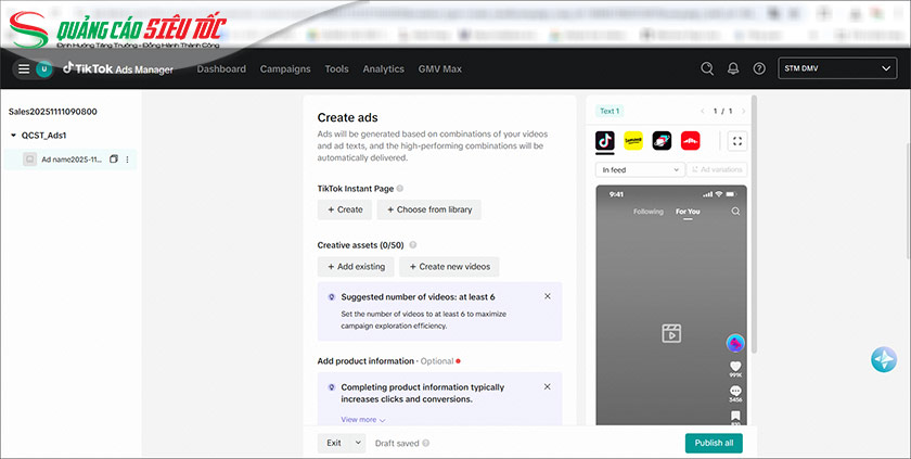 Setup nội dung cho quảng cáo và Publish