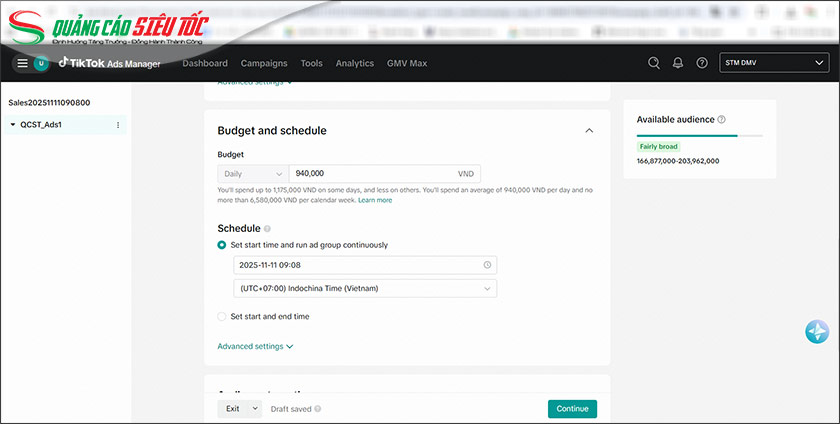 Thiết lập ngân sách và lịch chạy