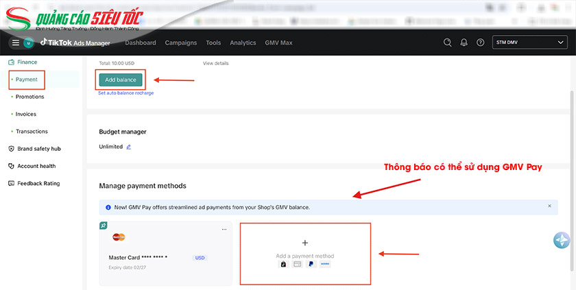 Thanh toán quảng cáo TikTok qua GMV Pay