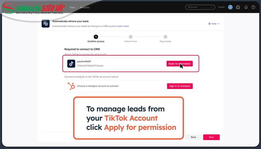 Chọn Apply for permission 