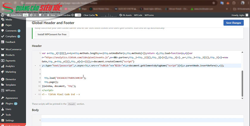  Dán mã Pixel vào phần header trên website
