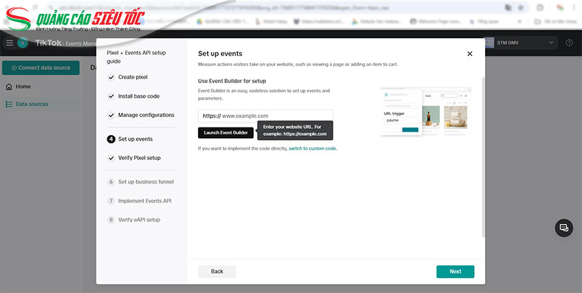 Nhập website vào ô sau đó chọn Launch Event Builder