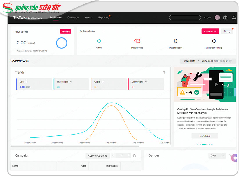 Bảng điều khiển trong trình quản lý quảng cáo TikTok Bảng điều khiển trong trình quản lý quảng cáo TikTok